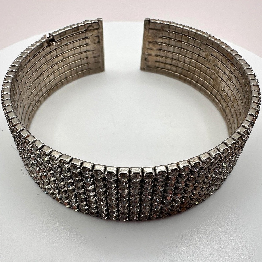 Vintage 50s Multi‎ Row Clear Rhinestone Silver Tone Wide Cuff Bangle Jewelry